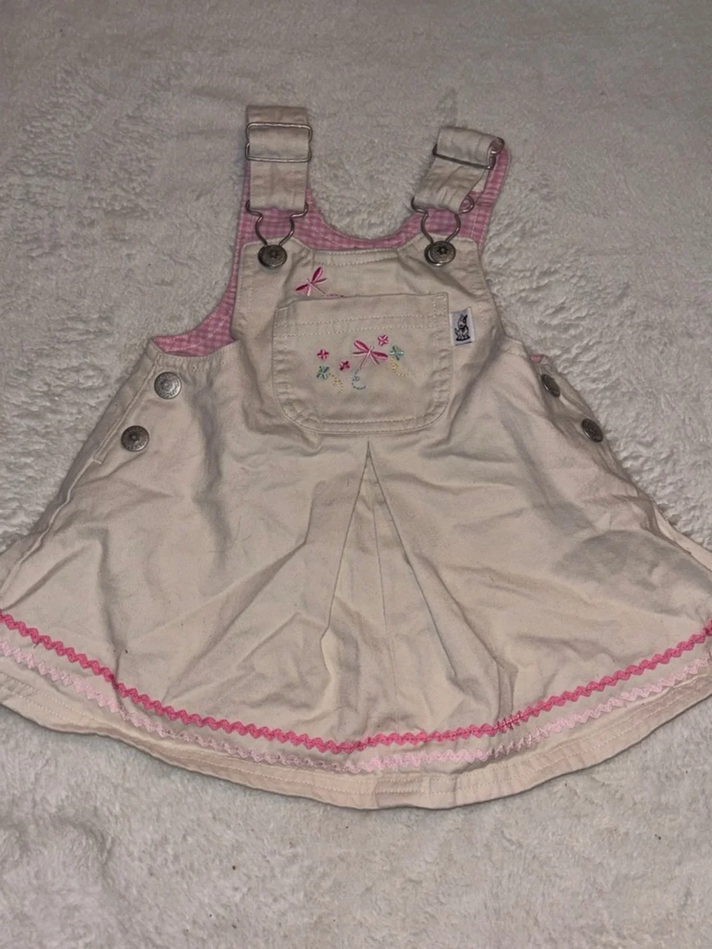 Girls' Cream and Pink Embroidered Overall Dress